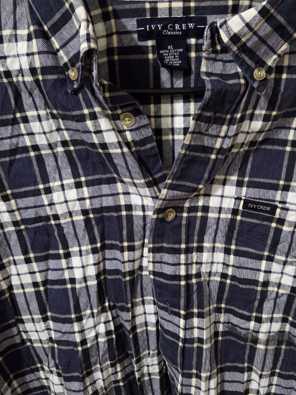 Men’s Vintage Ivy Crew Navy and White Plaid Button-Down Shirt